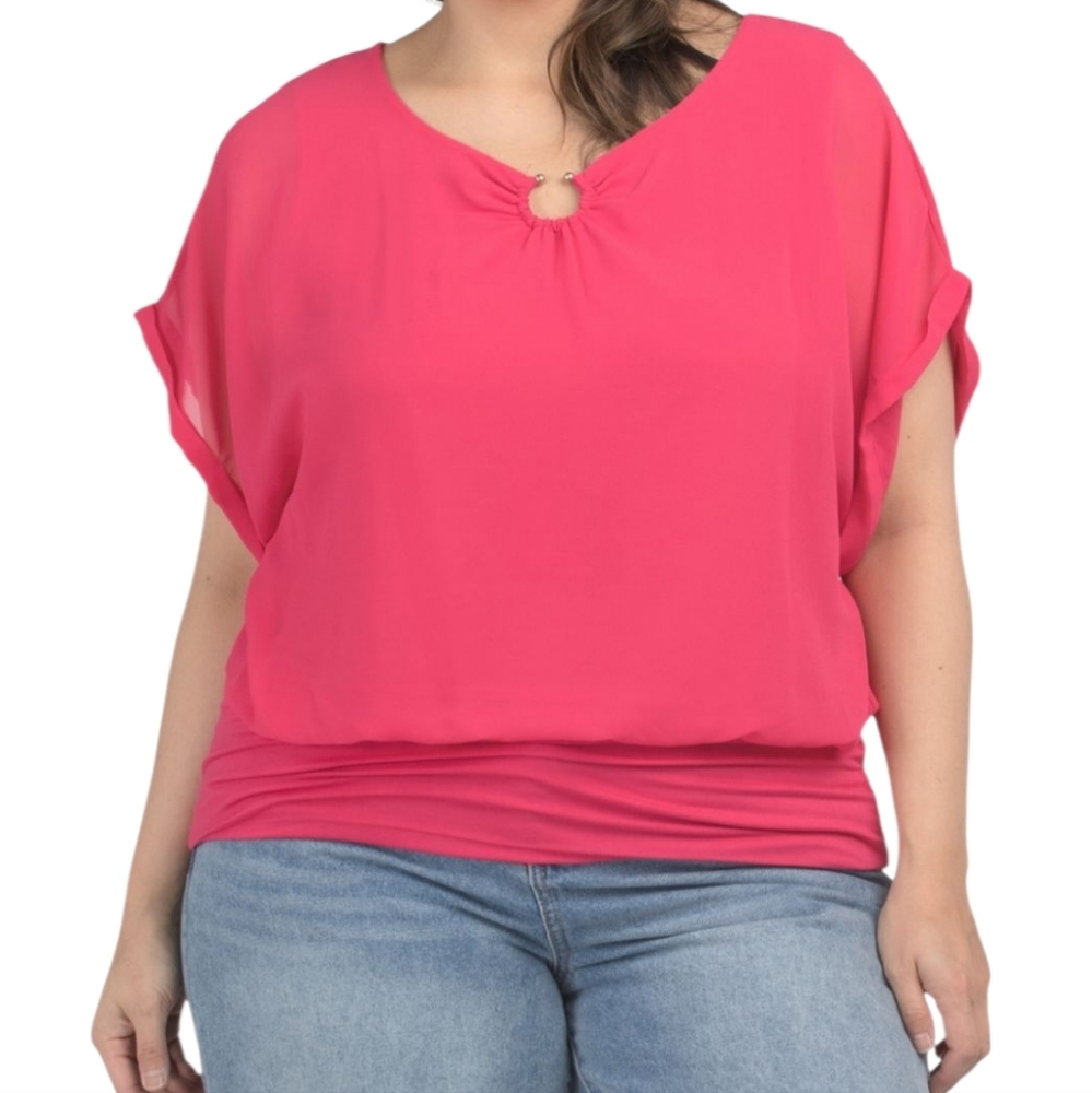 Joseph A Plus Chiffon Overlay Banded Bottom Dolman Sleeve Top | Size 1X